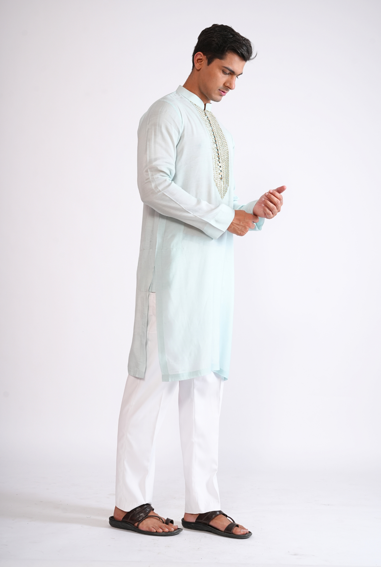 Light Blue Hand Embroided Kurta With Pyjama
