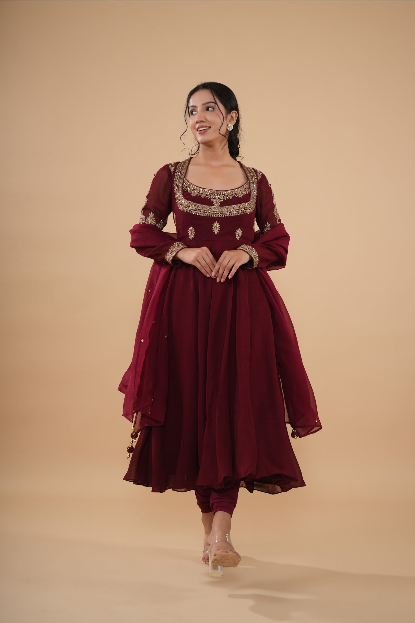 The Maroon Zardosi Neckline Anarkali Set