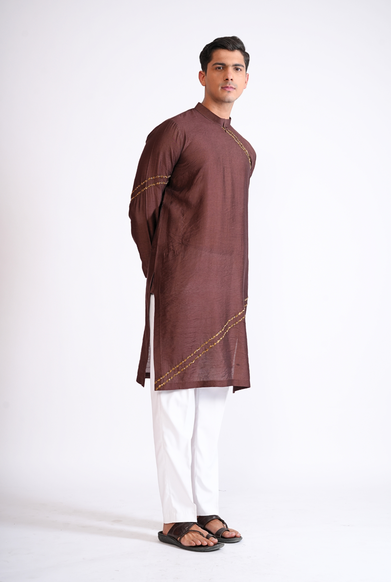 BROWN HAND EMBROIDED KURTA WITH PYJAMA