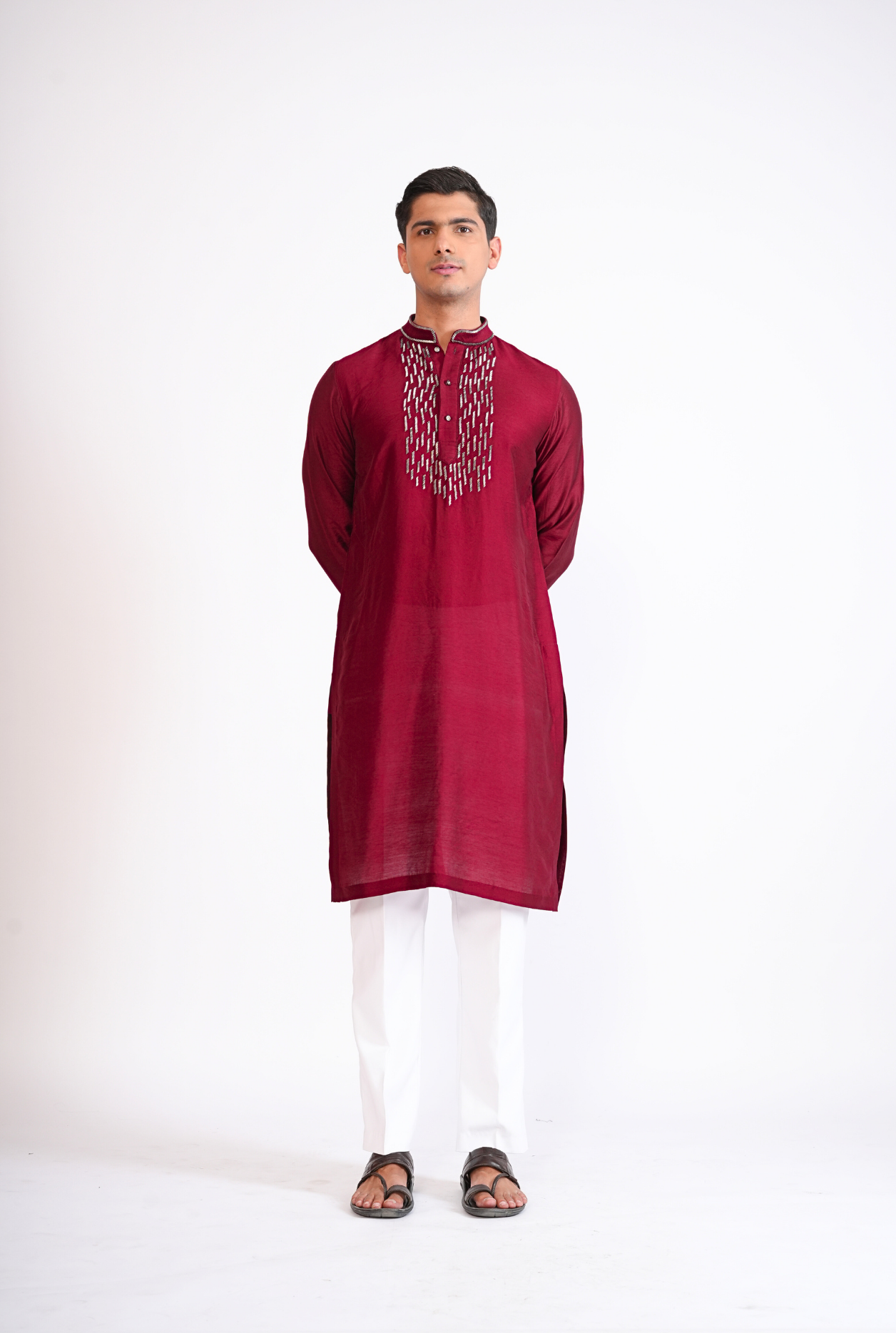 Maroon Hand Embroided Kurta With Pyjama