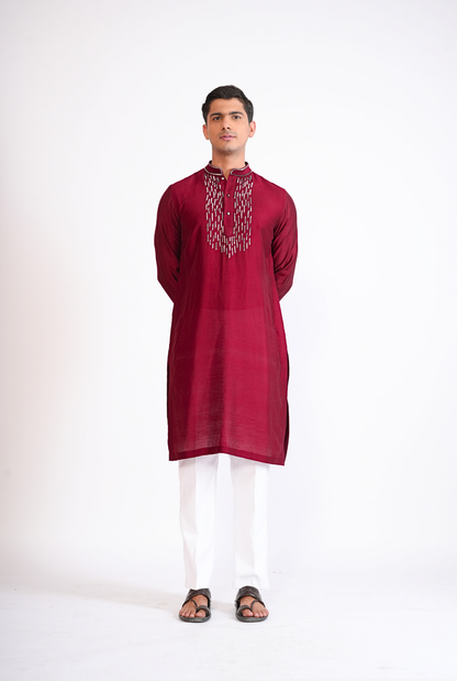 Maroon Hand Embroided Kurta With Pyjama