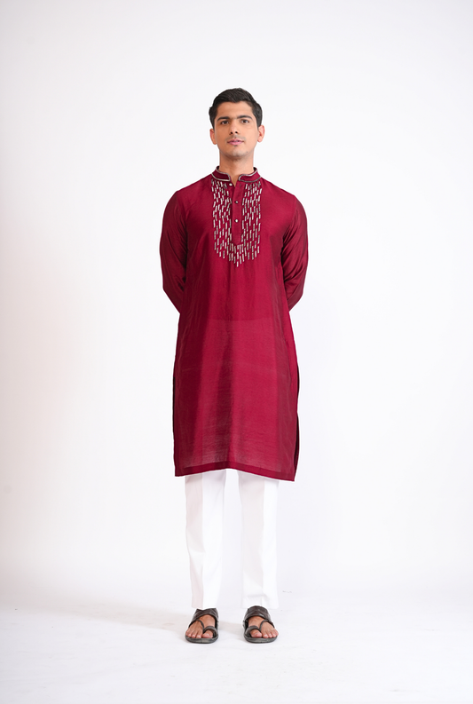 Maroon Hand Embroided Kurta With Pyjama