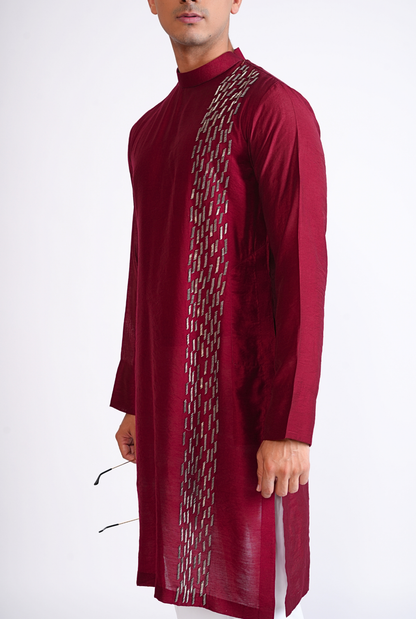Maroon Hand Embroided Kurta With Pyjama