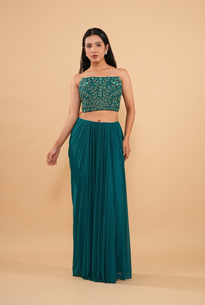 THE HAND-BEADED TEAL DRAPED SAREE WITH NET CAPE
