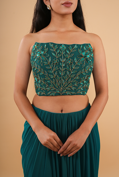 THE HAND-BEADED TEAL DRAPED SAREE WITH NET CAPE