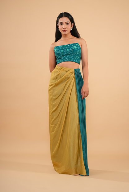THE TEAL SEQUIN-WORK BUSTIER WITH GOLD OMBRE DRAPE