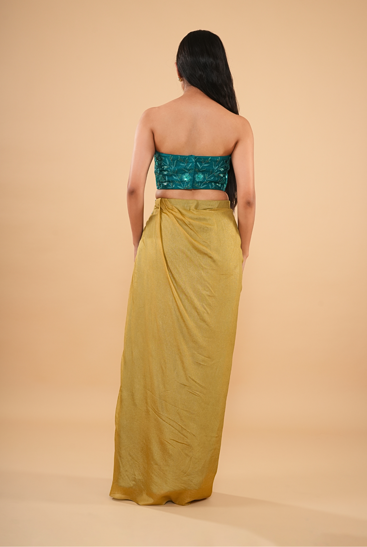 THE TEAL SEQUIN-WORK BUSTIER WITH GOLD OMBRE DRAPE