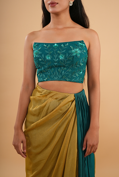 THE TEAL SEQUIN-WORK BUSTIER WITH GOLD OMBRE DRAPE