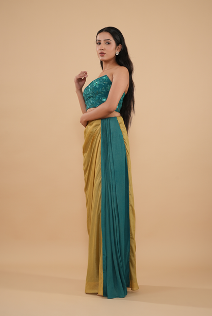 THE TEAL SEQUIN-WORK BUSTIER WITH GOLD OMBRE DRAPE