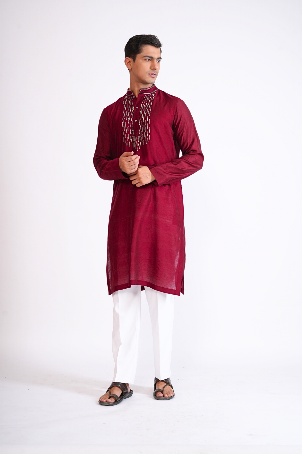 Maroon Hand Embroided Kurta With Pyjama