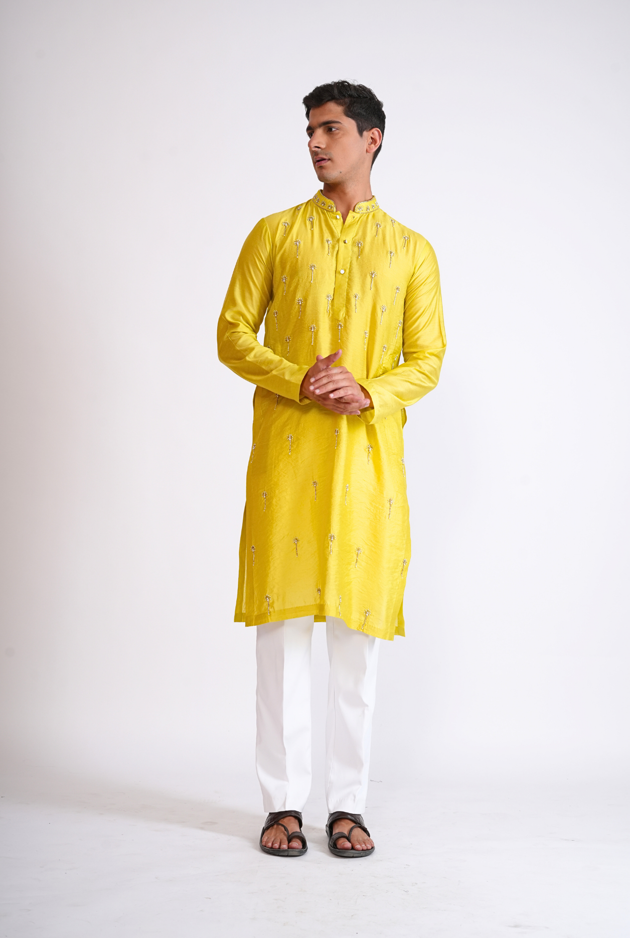 Yellow Hand Embroided Kurta With Pyjama