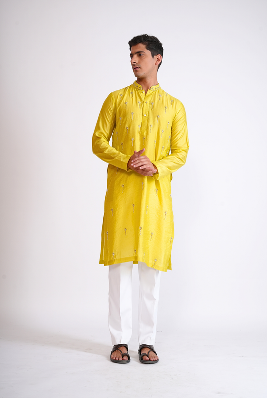 Yellow Hand Embroided Kurta With Pyjama