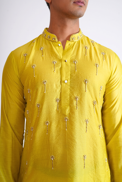 Yellow Hand Embroided Kurta With Pyjama