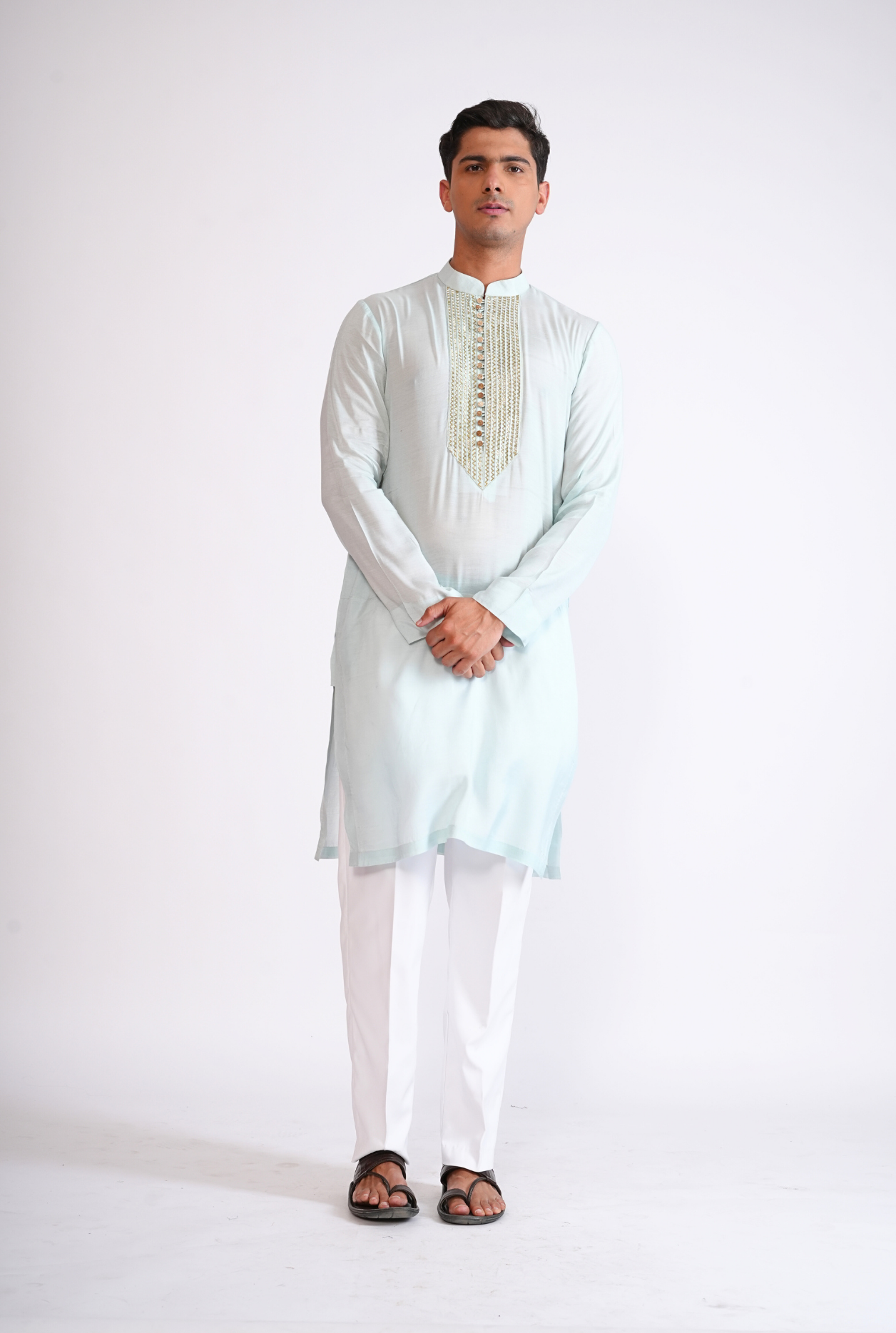 Light Blue Hand Embroided Kurta With Pyjama