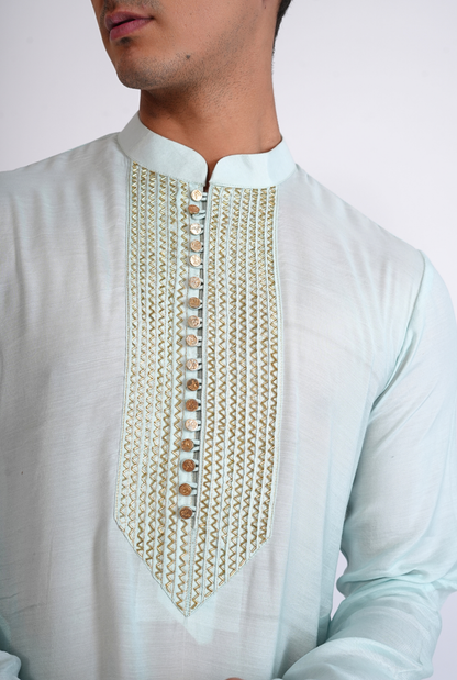 Light Blue Hand Embroided Kurta With Pyjama