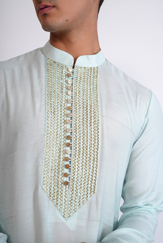 Light Blue Hand Embroided Kurta With Pyjama