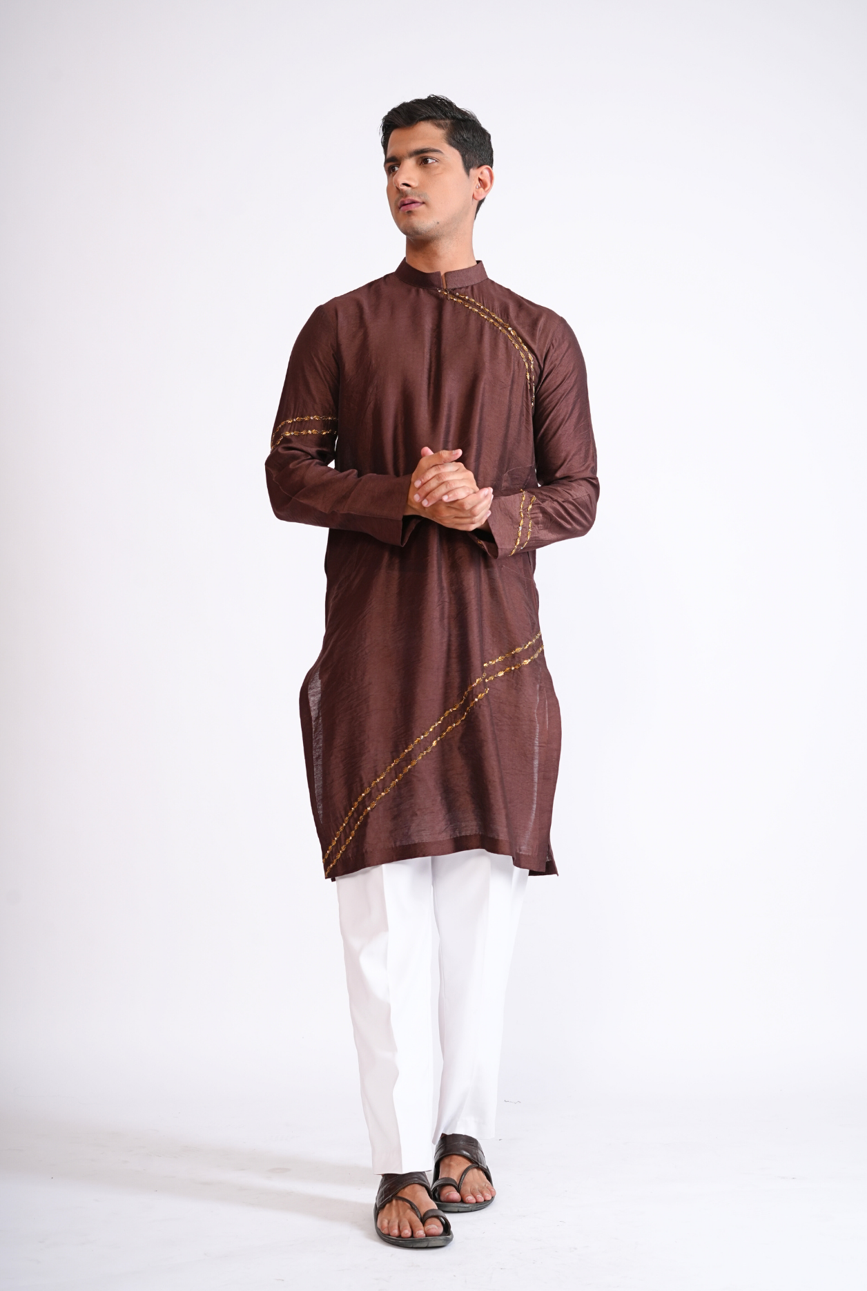 Brown Hand Embroided Kurta With Pyjama