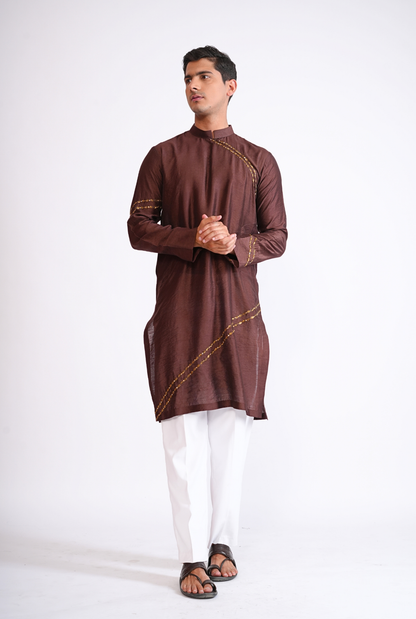 Brown Hand Embroided Kurta With Pyjama