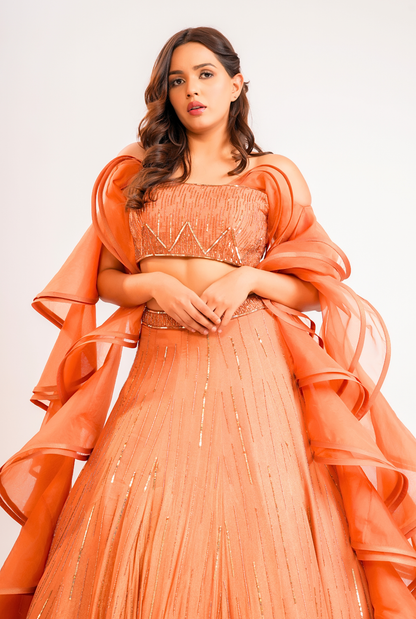 Surkh ruffle lehenga