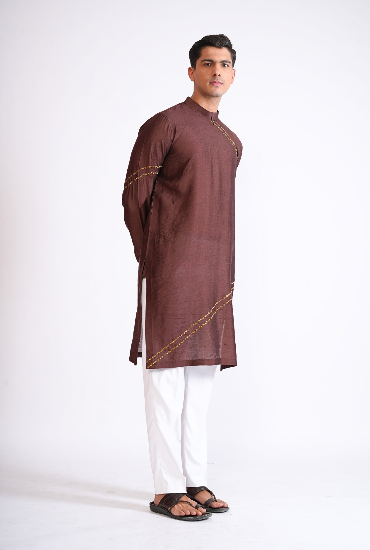 Brown Hand Embroided Kurta With Pyjama