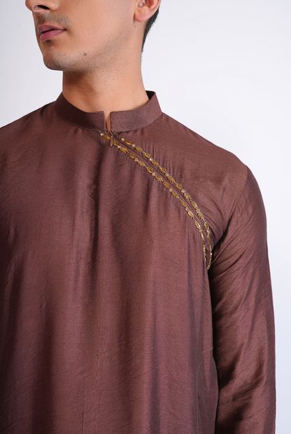 Brown Hand Embroided Kurta With Pyjama