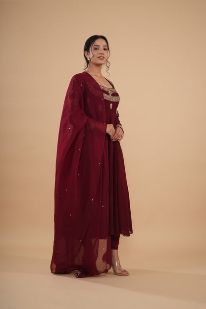 The Maroon Zardosi Neckline Anarkali Set
