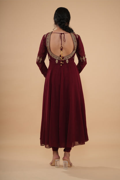 The Maroon Zardosi Neckline Anarkali Set