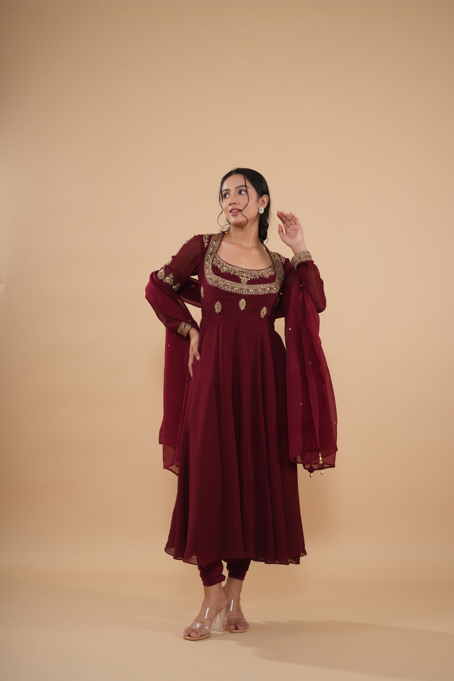 The Maroon Zardosi Neckline Anarkali Set