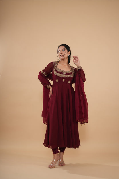 The Maroon Zardosi Neckline Anarkali Set