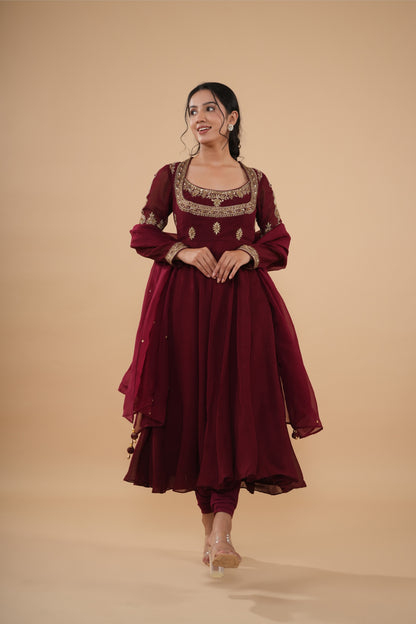 The Maroon Zardosi Neckline Anarkali Set