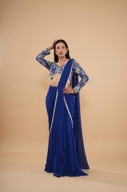 The Azure Bloom Pre-Draped Saree