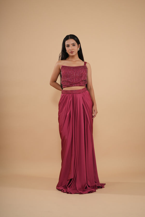The Berry Sequin-Encrusted Pre-Draped Saree