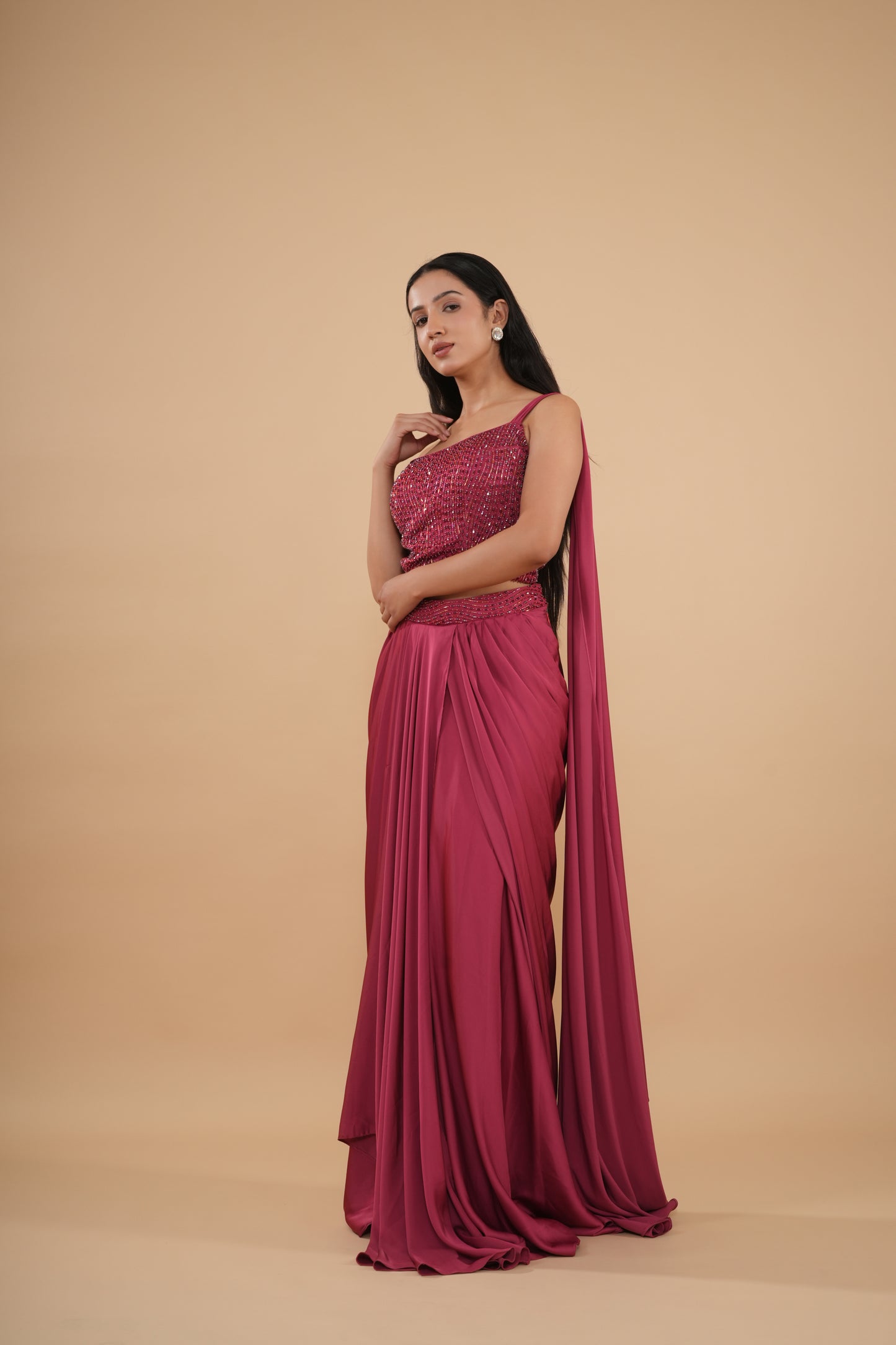 The Berry Sequin-Encrusted Pre-Draped Saree