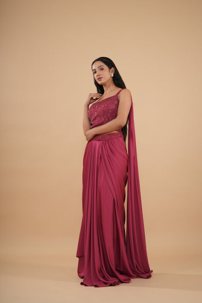 The Berry Sequin-Encrusted Pre-Draped Saree