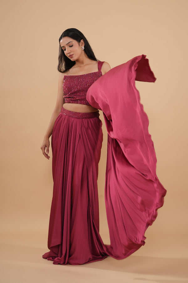 The Berry Sequin-Encrusted Pre-Draped Saree