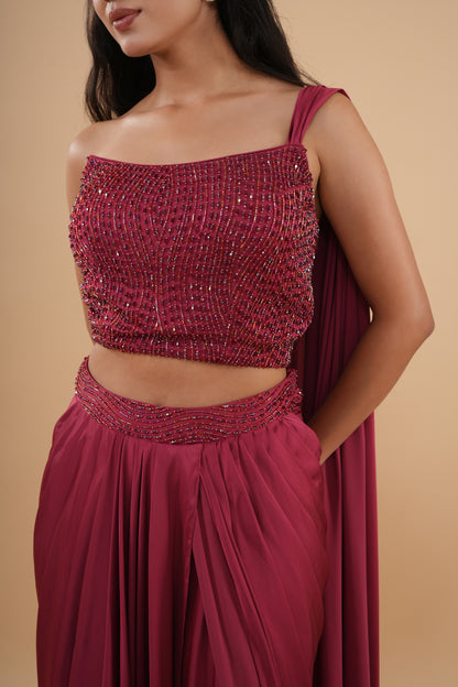 The Berry Sequin-Encrusted Pre-Draped Saree