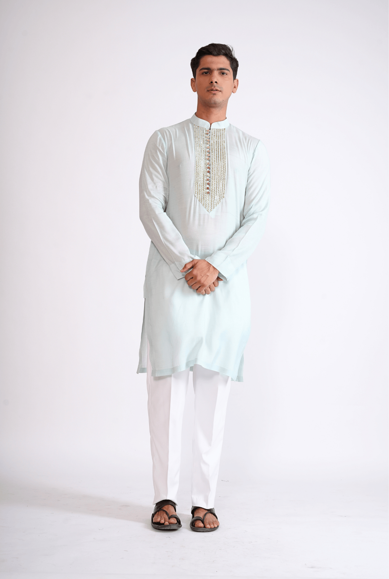LIGHT BLUE HAND EMBROIDERED KURTA WITH PYJAMA.