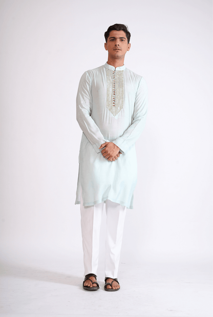 LIGHT BLUE HAND EMBROIDERED KURTA WITH PYJAMA.