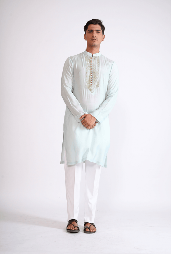 LIGHT BLUE HAND EMBROIDERED KURTA WITH PYJAMA.