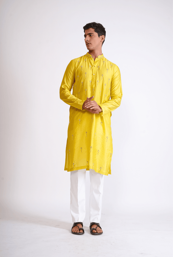 YELLOW HAND EMBROIDED KURTA WITH PYJAMA