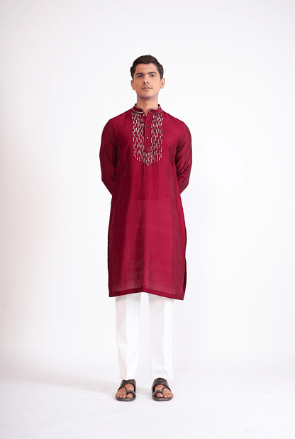 MAROON HAND EMBROIDED KURTA WITH PYJAMA