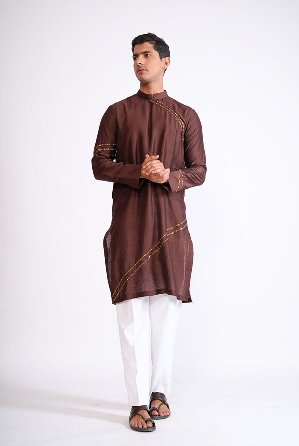 BROWN HAND EMBROIDED KURTA WITH PYJAMA