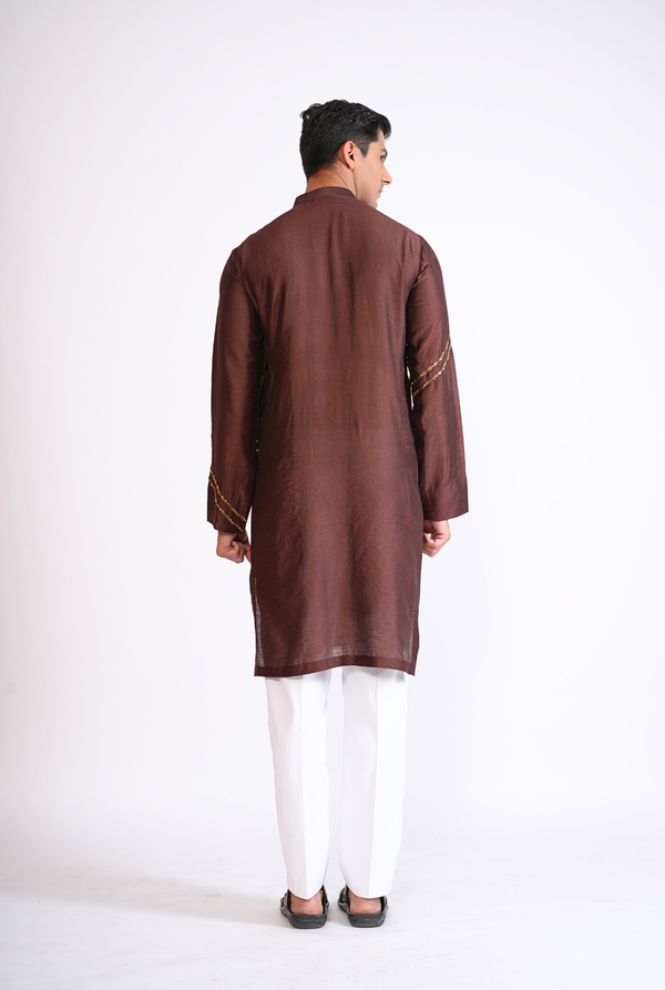 BROWN HAND EMBROIDED KURTA WITH PYJAMA