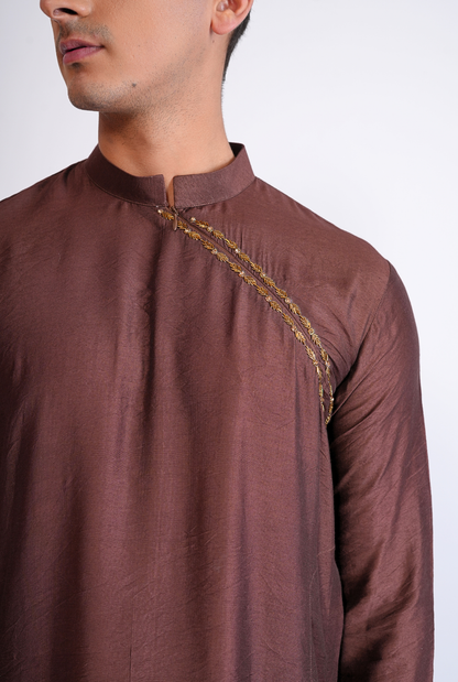 BROWN HAND EMBROIDED KURTA WITH PYJAMA