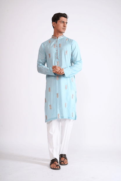 CYAN HAND EMBROIDERED KURTA WITH PYJAMA
