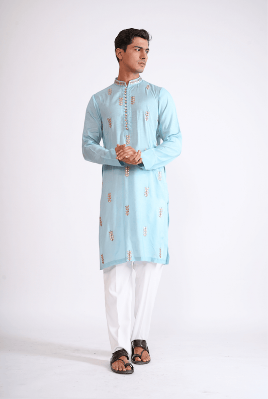 CYAN HAND EMBROIDERED KURTA WITH PYJAMA