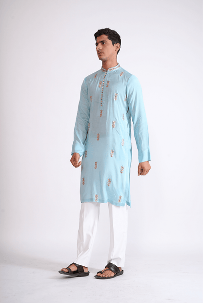 CYAN HAND EMBROIDERED KURTA WITH PYJAMA