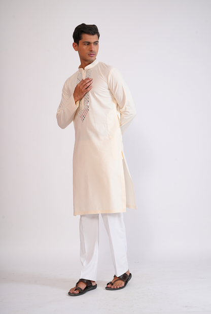 IVORY HAND EMBROIDED KURTA WITH PYJAMA