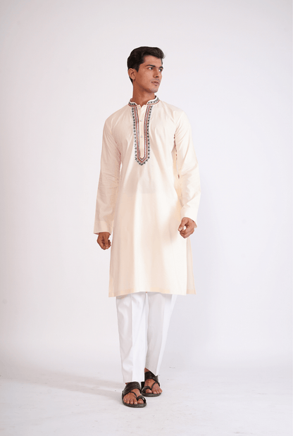 IVORY HAND EMBROIDED KURTA WITH PYJAMA