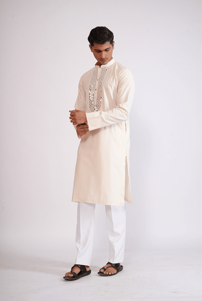 IVORY HAND EMBROIDED KURTA WITH PYJAMA